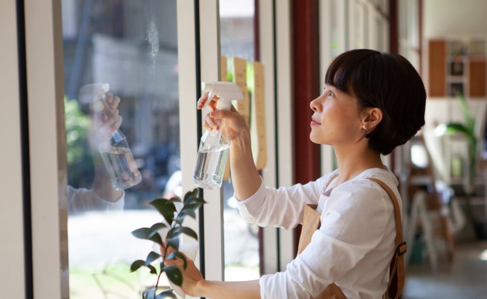 Person cleaning a glass window with a spray bottle